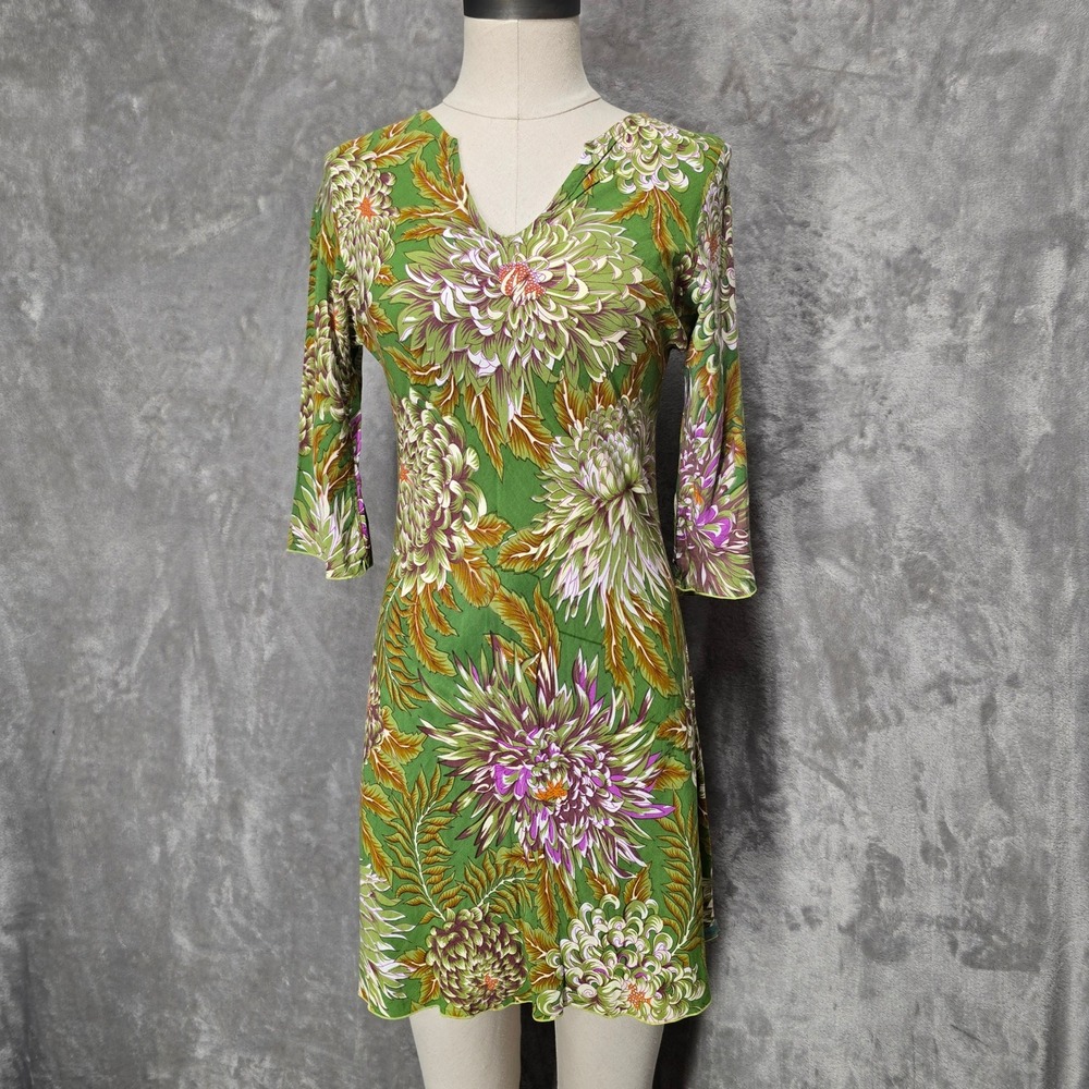 Rainbow Jo Small Mini Dress Green Floral V‎ Neck Nature Garden Print 3/4 Sleeve